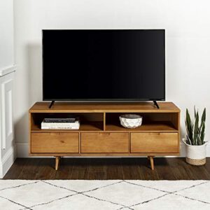 Walker Edison 3-Drawer Mid Century Modern Wood TV Stand for TV's up to 65" Flat Screen Cabinet Door Living Room Storage Entertainment Center, 58 Inch, Caramel