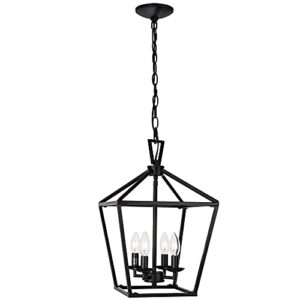 untrammelife 4-light black lantern pendant light, adjustable height square cage pendant hanging lighting fixture 11’’ rustic lantern chandelier for dining room kitchen island foyer