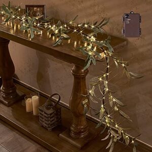 hairui lighted artificial olive garland 6ft 96 led fairy lights battery operated, faux vine lights with timer for spring christmas holiday fireplace décor