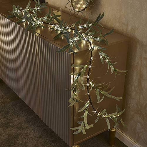 Hairui Lighted Artificial Olive Garland 6FT 96 LED Fairy Lights Battery Operated, Faux Vine Lights with Timer for Spring Christmas Holiday Fireplace Décor