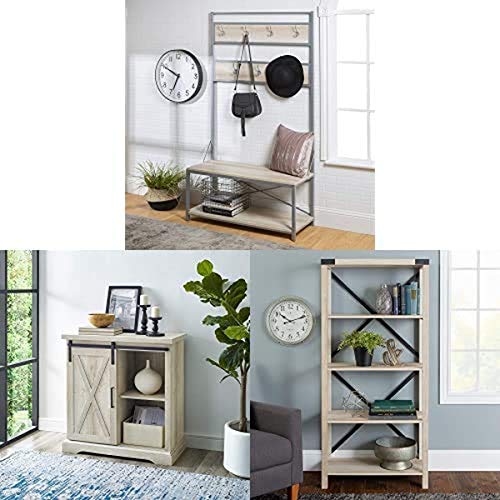 Walker Edison Furniture Farmhouse Entry Storage Shelf Coat Rack, 72 Inch with Buffet Cabinet Storage Entry Table,32 Inches,White Oak and Wood Bookshelf Storage, 4 Shelf, White Oak