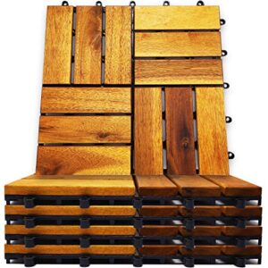 Interlocking Deck Tiles 8 Pack - Snap Together Wood Flooring | 12 x 12 Acacia Hardwood Outdoor Flooring for Patio | Click Floor Decking Tile Outdoors Balcony Flooring, Wooden Parquet Flooring (8)