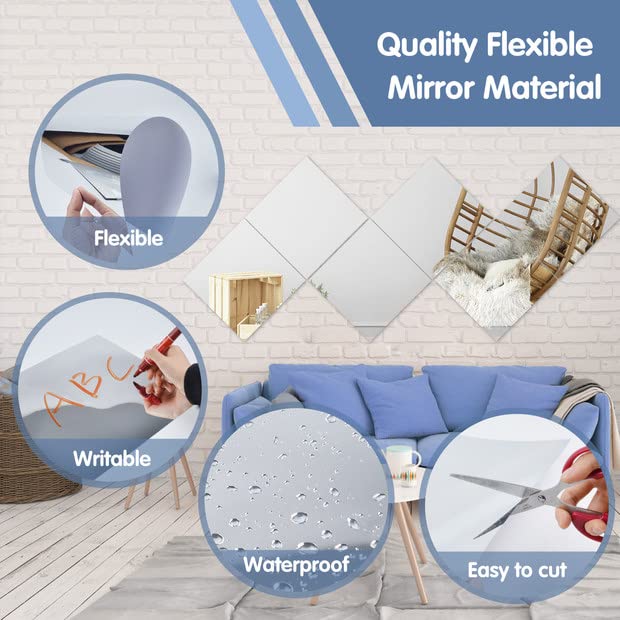 12 Pcs Acrylic Flexible Mirror Sheets, 12 x 12 in Mirror Tiles Self Adhesive Square Cuttable Mirror Wall Stickers Non Glass Acrylic Safety Reflective Mirror for DIY Craft Home Wall Decoration