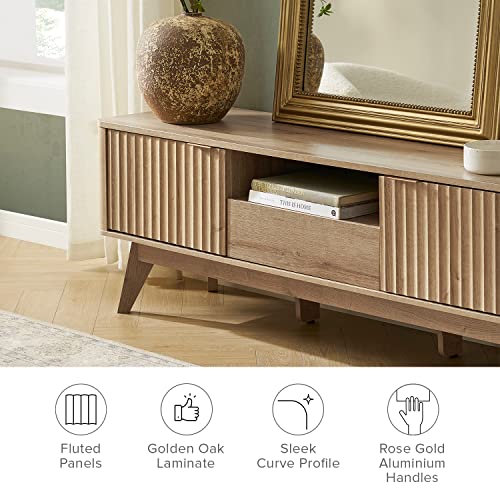 mopio Brooklyn Mid-Century Modern 57" TV Stand with Drawer, for TVs up to 59” Waveform Panel, Sleek Curved Profile with Adjustable Shelf and Sturdy Box Frame Leg (Golden Oak, 57")