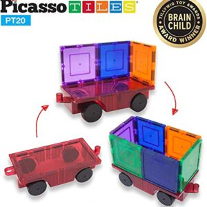 PicassoTiles 2 Piece Car Truck Construction Kit Toy Set Vehicle Educational Magnet Building Tile Magnetic Blocks Puzzle Magnets Toys with Re-Enforced Hitch and Long Bed for Girls Boys Toddler Ages 3+