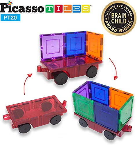 PicassoTiles 2 Piece Car Truck Construction Kit Toy Set Vehicle Educational Magnet Building Tile Magnetic Blocks Puzzle Magnets Toys with Re-Enforced Hitch and Long Bed for Girls Boys Toddler Ages 3+