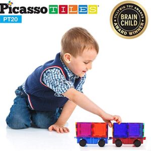 PicassoTiles 2 Piece Car Truck Construction Kit Toy Set Vehicle Educational Magnet Building Tile Magnetic Blocks Puzzle Magnets Toys with Re-Enforced Hitch and Long Bed for Girls Boys Toddler Ages 3+