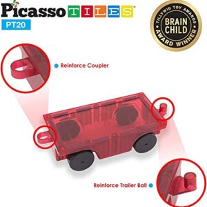 PicassoTiles 2 Piece Car Truck Construction Kit Toy Set Vehicle Educational Magnet Building Tile Magnetic Blocks Puzzle Magnets Toys with Re-Enforced Hitch and Long Bed for Girls Boys Toddler Ages 3+