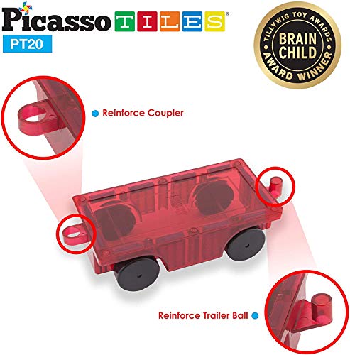 PicassoTiles 2 Piece Car Truck Construction Kit Toy Set Vehicle Educational Magnet Building Tile Magnetic Blocks Puzzle Magnets Toys with Re-Enforced Hitch and Long Bed for Girls Boys Toddler Ages 3+