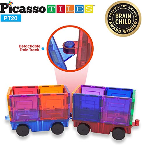 PicassoTiles 2 Piece Car Truck Construction Kit Toy Set Vehicle Educational Magnet Building Tile Magnetic Blocks Puzzle Magnets Toys with Re-Enforced Hitch and Long Bed for Girls Boys Toddler Ages 3+