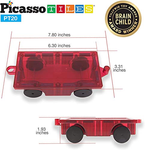 PicassoTiles 2 Piece Car Truck Construction Kit Toy Set Vehicle Educational Magnet Building Tile Magnetic Blocks Puzzle Magnets Toys with Re-Enforced Hitch and Long Bed for Girls Boys Toddler Ages 3+