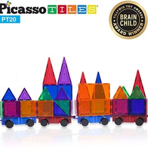 PicassoTiles 2 Piece Car Truck Construction Kit Toy Set Vehicle Educational Magnet Building Tile Magnetic Blocks Puzzle Magnets Toys with Re-Enforced Hitch and Long Bed for Girls Boys Toddler Ages 3+