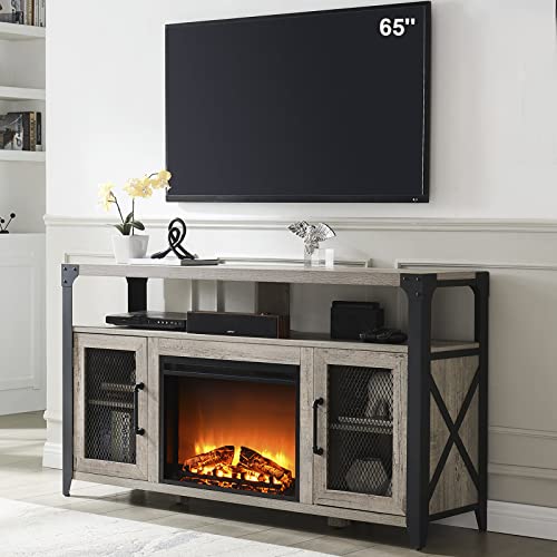 OKD Fireplace TV Stand Highboy for 65 inch TV, Industrial Entertainment Center w/ 23” Electric Fireplace, 33" Tall Media Console Cabinet w/Soundbar Shelf, Light Rustic Oak