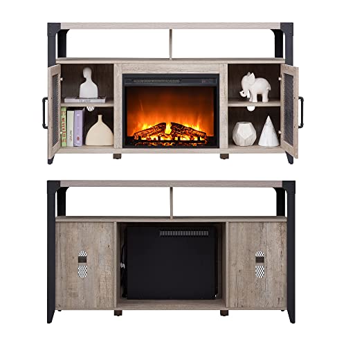 OKD Fireplace TV Stand Highboy for 65 inch TV, Industrial Entertainment Center w/ 23” Electric Fireplace, 33" Tall Media Console Cabinet w/Soundbar Shelf, Light Rustic Oak