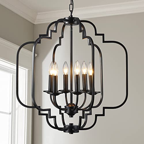 Saint Mossi Black Farmhouse Chandelier with 6 Lights,Lantern Metal Pendant Lighting for Dining Room,Living Room,Kitchen,Foyer,W23 x H26 with Adjustable Chain