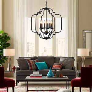 Saint Mossi Black Farmhouse Chandelier with 6 Lights,Lantern Metal Pendant Lighting for Dining Room,Living Room,Kitchen,Foyer,W23 x H26 with Adjustable Chain