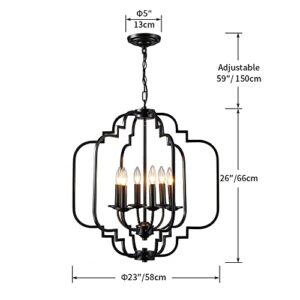 Saint Mossi Black Farmhouse Chandelier with 6 Lights,Lantern Metal Pendant Lighting for Dining Room,Living Room,Kitchen,Foyer,W23 x H26 with Adjustable Chain
