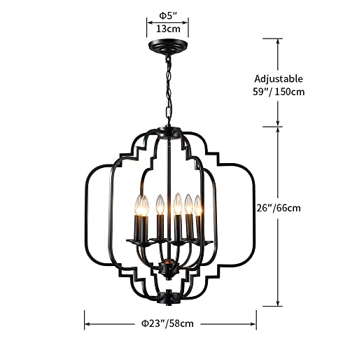 Saint Mossi Black Farmhouse Chandelier with 6 Lights,Lantern Metal Pendant Lighting for Dining Room,Living Room,Kitchen,Foyer,W23 x H26 with Adjustable Chain