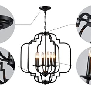 Saint Mossi Black Farmhouse Chandelier with 6 Lights,Lantern Metal Pendant Lighting for Dining Room,Living Room,Kitchen,Foyer,W23 x H26 with Adjustable Chain