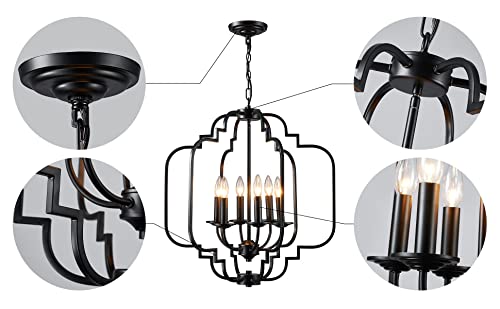 Saint Mossi Black Farmhouse Chandelier with 6 Lights,Lantern Metal Pendant Lighting for Dining Room,Living Room,Kitchen,Foyer,W23 x H26 with Adjustable Chain