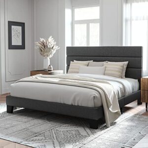 allewie king size platform bed frame with fabric upholstered headboard and wooden slats support, fully upholstered mattress foundation/no box spring needed/easy assembly, dark grey
