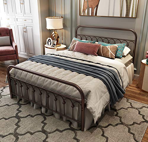 TUSEER Metal Bed Frame Queen Size with Vintage Headboard and Footboard Platform Base Wrought Iron Double Bed Frame (Queen, Antique Brown).