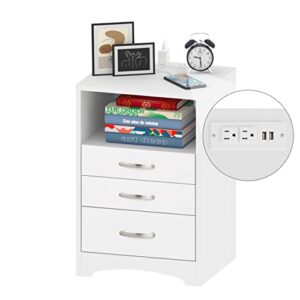 white nightstand with charging station, nightstands and modern end side table with 3 drawer, wooden cabinet stand by sofa, bedside tables for bedroom with usb ports outlet & open storage