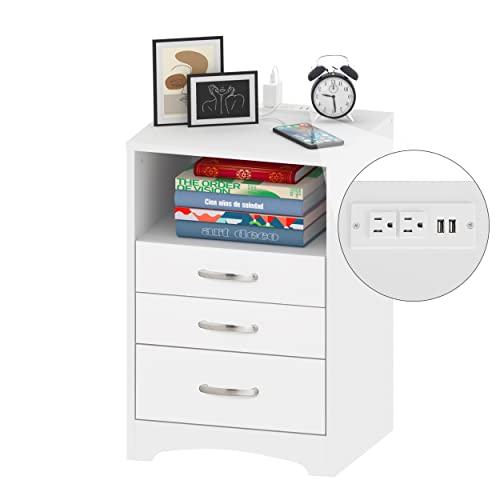 White Nightstand with Charging Station, Nightstands and Modern End Side Table with 3 Drawer, Wooden Cabinet Stand by Sofa, Bedside Tables for Bedroom with USB Ports Outlet & Open Storage