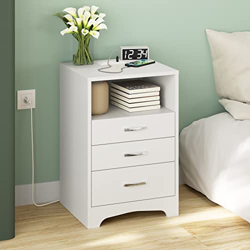 White Nightstand with Charging Station, Nightstands and Modern End Side Table with 3 Drawer, Wooden Cabinet Stand by Sofa, Bedside Tables for Bedroom with USB Ports Outlet & Open Storage