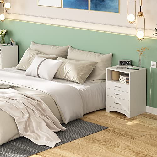 White Nightstand with Charging Station, Nightstands and Modern End Side Table with 3 Drawer, Wooden Cabinet Stand by Sofa, Bedside Tables for Bedroom with USB Ports Outlet & Open Storage