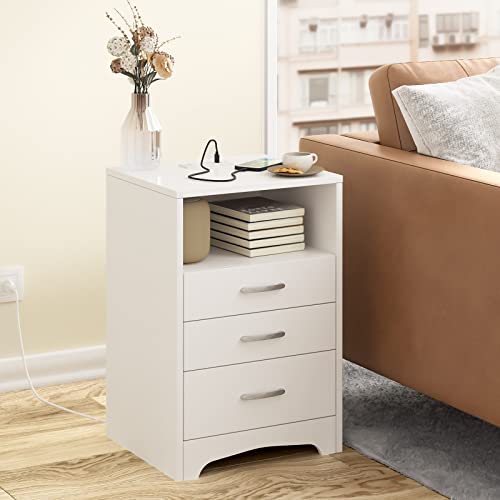 White Nightstand with Charging Station, Nightstands and Modern End Side Table with 3 Drawer, Wooden Cabinet Stand by Sofa, Bedside Tables for Bedroom with USB Ports Outlet & Open Storage