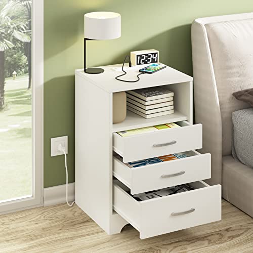 White Nightstand with Charging Station, Nightstands and Modern End Side Table with 3 Drawer, Wooden Cabinet Stand by Sofa, Bedside Tables for Bedroom with USB Ports Outlet & Open Storage