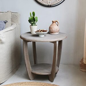 cozayh rustic farmhouse end table with storage shelf, french country accent side table for family, dinning or living room, small spaces, modern, round, vintage grey finish.