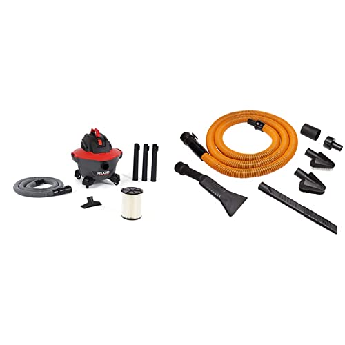 RIDGID, 62698, 6 Gallon RT0600 NXT Wet/Dry Vac, RED Professional Industrial, 4.25 HP, Dark Gray and Red & RIDGID VT2534 7-Piece Auto Detailing Vacuum Hose Accessory Kit for 1 1/4 Inch Vacuums