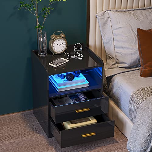 HNEBC Auto LED Nightstand with 2 USB Charging Station, High Gloss Black Nightstand Side Table with 2 Drawers,Bedside Table has Infrared Induction/3 Color LED Lighting/Adustable Brightness(Black)