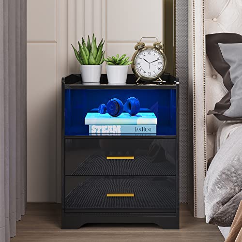 HNEBC Auto LED Nightstand with 2 USB Charging Station, High Gloss Black Nightstand Side Table with 2 Drawers,Bedside Table has Infrared Induction/3 Color LED Lighting/Adustable Brightness(Black)