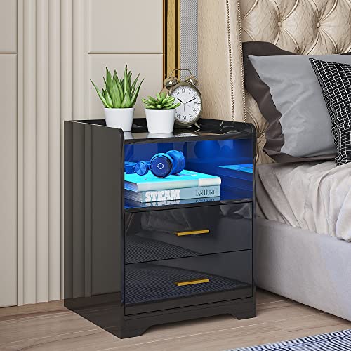 HNEBC Auto LED Nightstand with 2 USB Charging Station, High Gloss Black Nightstand Side Table with 2 Drawers,Bedside Table has Infrared Induction/3 Color LED Lighting/Adustable Brightness(Black)