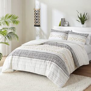 hyde lane farmhouse bedding comforter sets king, ivory boho bed set ,cotton top with modern neutral style clipped jacquard stripes, 3-pieces including matching pillow shams (104×90 inches)