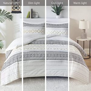 Hyde Lane Farmhouse Bedding Comforter Sets King, Ivory Boho Bed Set ,Cotton Top with Modern Neutral Style Clipped Jacquard Stripes, 3-Pieces Including Matching Pillow Shams (104x90 Inches)