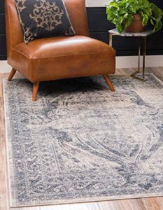 unique loom chateau collection victorian, textured, vintage, traditional, distressed area rug, 10 ft x 14 ft (5 in), navy blue/ivory