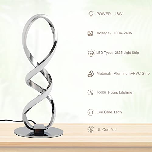 Adebime LED Modern Table Lamp, Small Unique Bedside Table Lamp Spiral Lamp Stepless Dimmable Silver Nightstand Lamp 12W, 3200K Warm White Modern Desk Lamp, Side Table Lamp for Living Room Bedroom