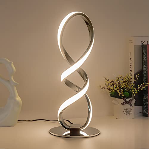 Adebime LED Modern Table Lamp, Small Unique Bedside Table Lamp Spiral Lamp Stepless Dimmable Silver Nightstand Lamp 12W, 3200K Warm White Modern Desk Lamp, Side Table Lamp for Living Room Bedroom