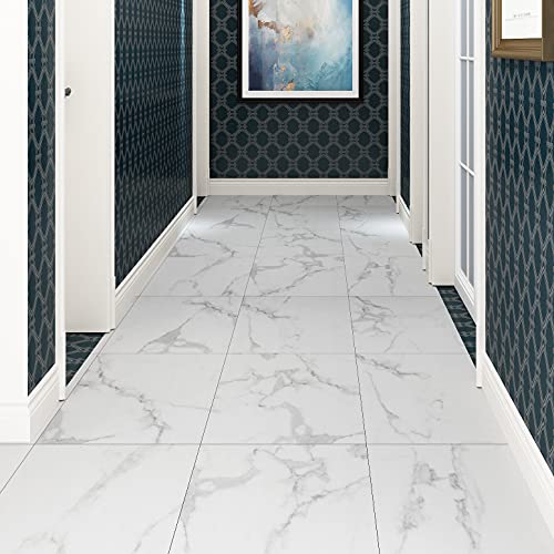 Livelynine 16-Pack White Vinyl Flooring Peel and Stick Floor Tile for Bathroom Waterproof Stick On Flooring Tiles Marble Laminate Flooring Sheets Sticky Kitchen Flooring Basement Linoleum 12X12In