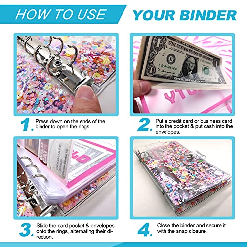 A6 Glitter Budget Binder with 12 Printed Budget Envelopes & Expense Budget Sheets Calendar, Pocket Budget Planner Organizer, Money Organizer for Cash, Cash Envelopes for Budgeting and Saving Money