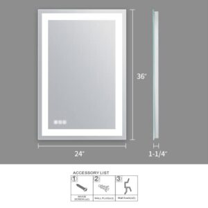 Umzodo 24"x36" LED Mirror Frameless with Color Changing, Dimmer, Defogger, Even Light bar Without Dark Corner for Bathroom Entrance Vanity, Vertical or Horizontal