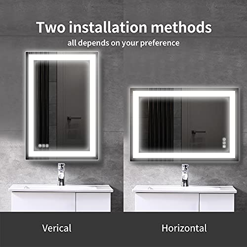 Umzodo 24"x36" LED Mirror Frameless with Color Changing, Dimmer, Defogger, Even Light bar Without Dark Corner for Bathroom Entrance Vanity, Vertical or Horizontal