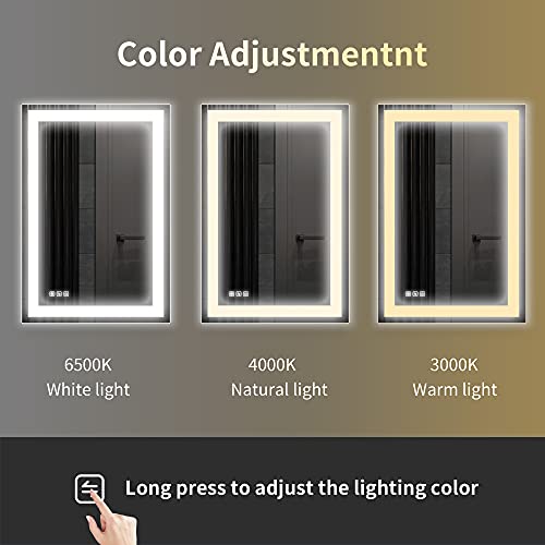 Umzodo 24"x36" LED Mirror Frameless with Color Changing, Dimmer, Defogger, Even Light bar Without Dark Corner for Bathroom Entrance Vanity, Vertical or Horizontal