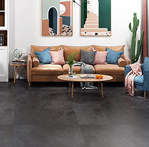 Livelynine 32-Pack Removable Floor Tiles Peel and Stick Flooring Charcoal Grey Vinyl Flooring Waterproof Bathroom Floor Tile Stickers Stick On Laminate Flooring Sticky Linoleum Flooring 12X12 Inch