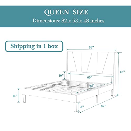 HOOMIC Queen Size Bed Frame with Geometric Wingback Headboard, Wooden Slats Support, No Box Spring Needed, Modern Style, Beige