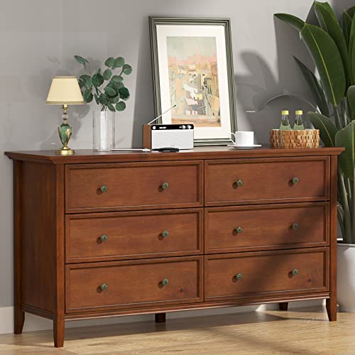 IKENO 6 Drawer Double Dresser, 55 inch Solid Wood Bedroom Dresser in Caramel